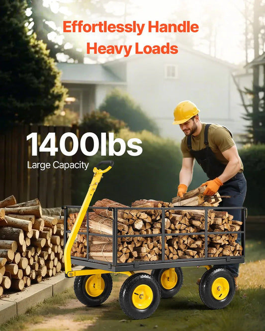 VEVOR 1400 Lbs Steel Garden Cart, Heavy Duty Pullable Garden Wagon Yard Cart, 2 in 1 Outdoor Metal Utility Wagon Yard Trailer with 13" All Terrain Tires, Mesh Removable Sides and 180°Rotating Handle - Mekamart Australia