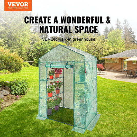 VEVOR Walk-in Green House, 4.6 x 2.4 x 6.7 ft Greenhouse with Shelves, Set Up in Minutes, High Strength PE Cover with Doors & Windows and Steel Frame, Suitable for Planting and Storage, Green - Mekamart Australia