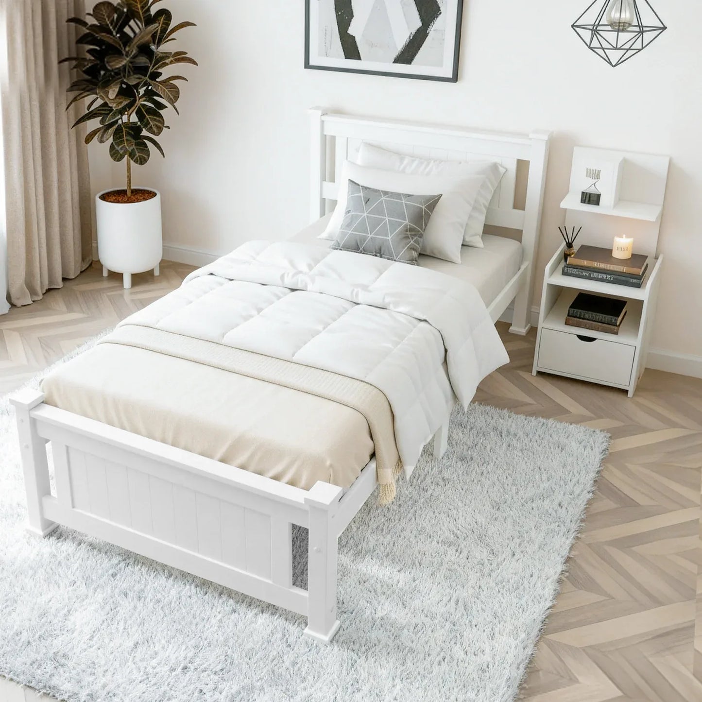 Artiss King Single Bed Frame and Bedside Table White - Mekamart Australia