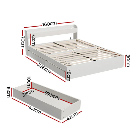Artiss Bed Frame Queen Size Mattress Base wtih Charging Ports 2 Storage Drawers - Mekamart Australia