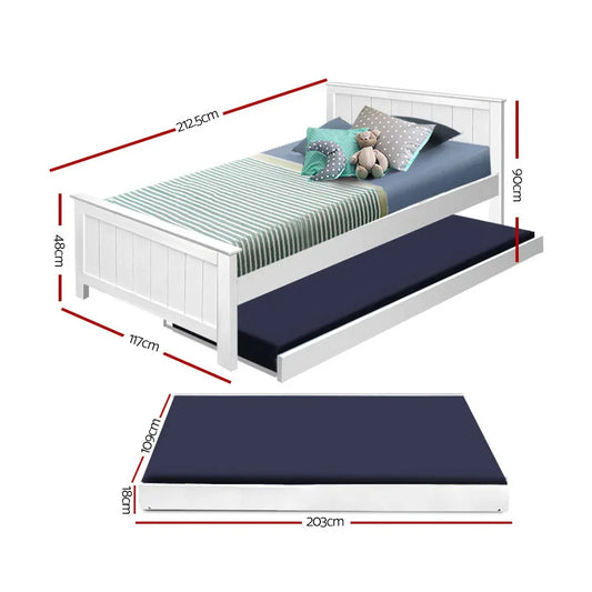 Artiss Bed Frame King Single Size Wooden Trundle Daybed White ELVIS - Mekamart Australia
