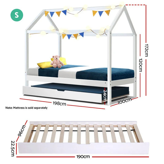 Artiss Bed Frame Wooden Trundle Daybed Kids House Frame White HOLY - Mekamart Australia