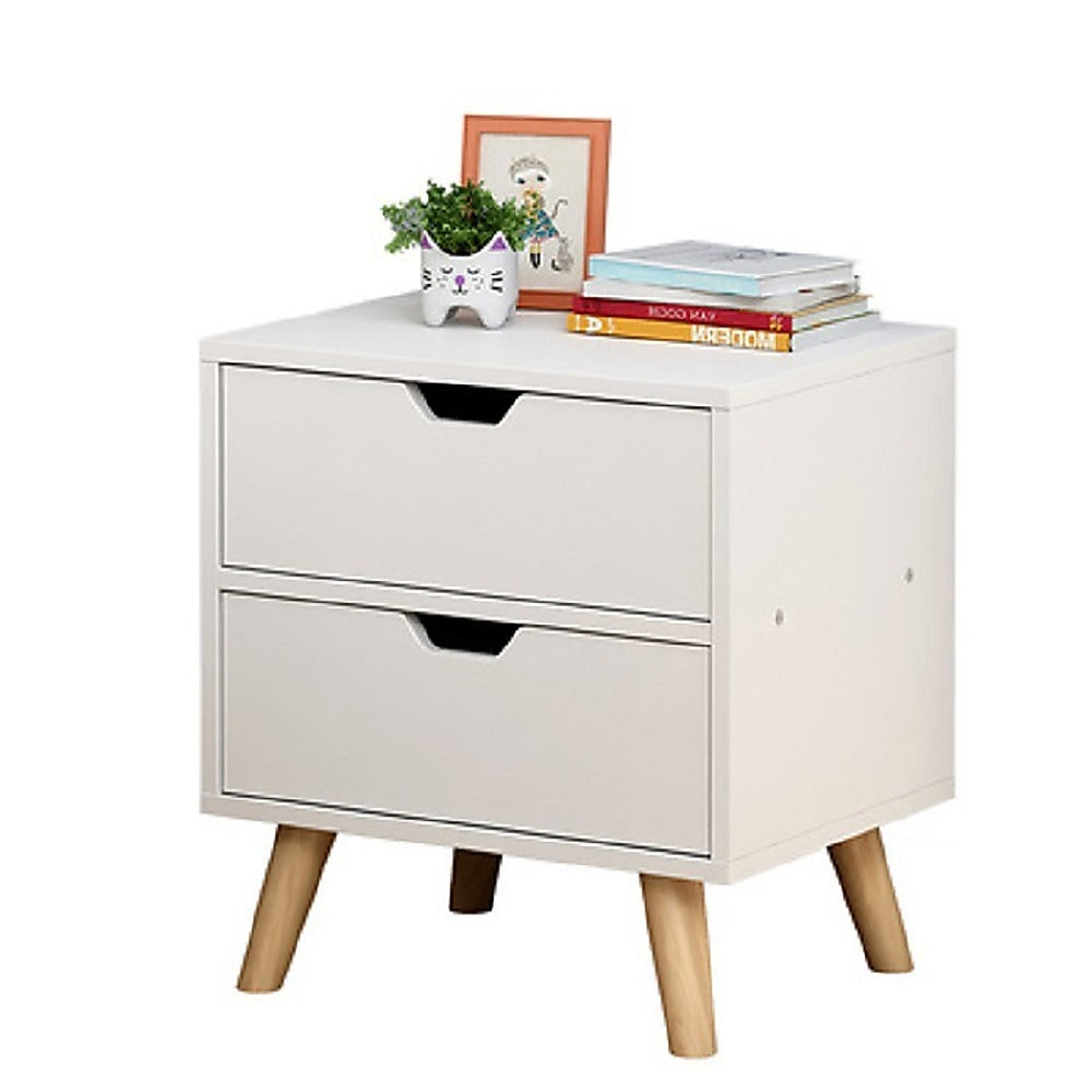 Modern bedside tables with drawers and shelves.