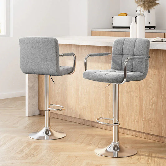 Artiss 2x Bar Stools Fabric Gas Lift w/Armrest Grey - Mekamart Australia