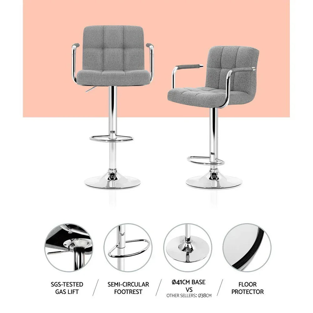 Artiss 2x Bar Stools Fabric Gas Lift w/Armrest Grey - Mekamart Australia