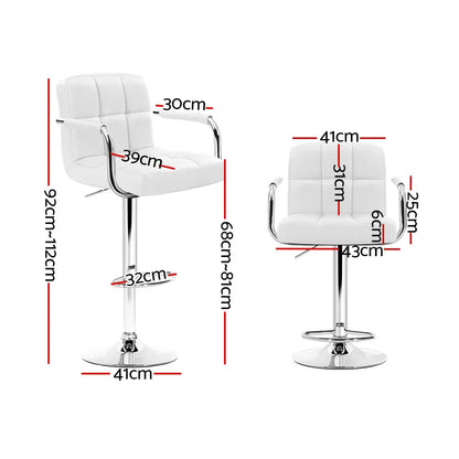 Artiss 2x Bar Stools Leather Gas Lift w/Armrest White - Mekamart Australia