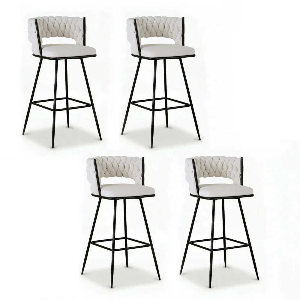 Artiss 4x Bar Stools Kitchen Dining Chair Counter Stool Woven Velvet Metal Ivory