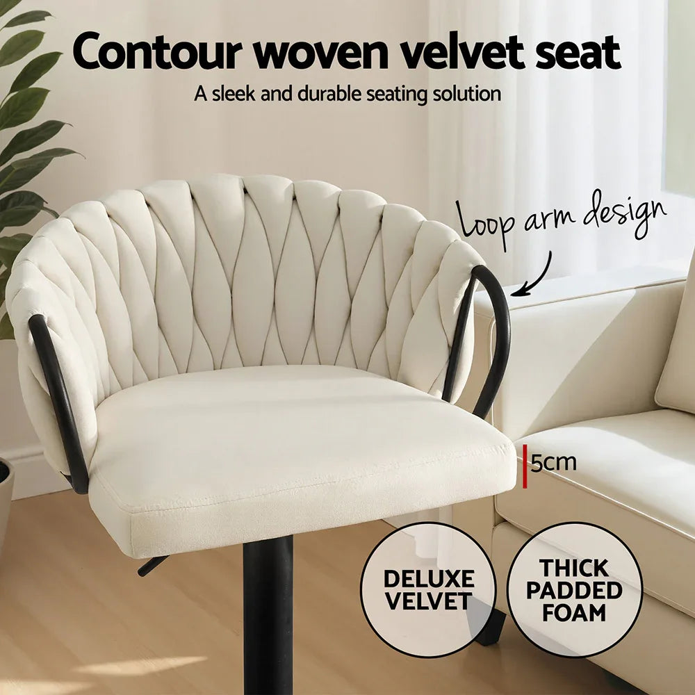 Artiss Bar Stool x4 Kitchen Dining Chair Counter Gaslift Woven Velvet Ivory - Mekamart Australia