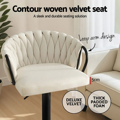 Artiss Bar Stool x4 Kitchen Dining Chair Counter Gaslift Woven Velvet Ivory - Mekamart Australia