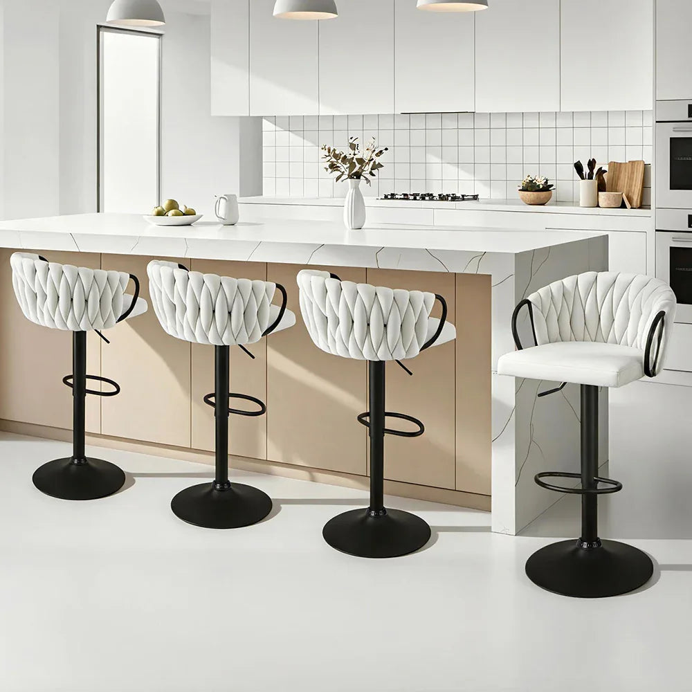Artiss Bar Stool x4 Kitchen Dining Chair Counter Gaslift Woven Velvet Ivory - Mekamart Australia