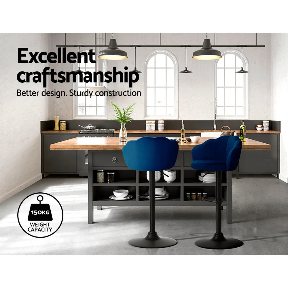 Artiss 2x Bar Stools Gas Lift Velvet Blue - Mekamart Australia