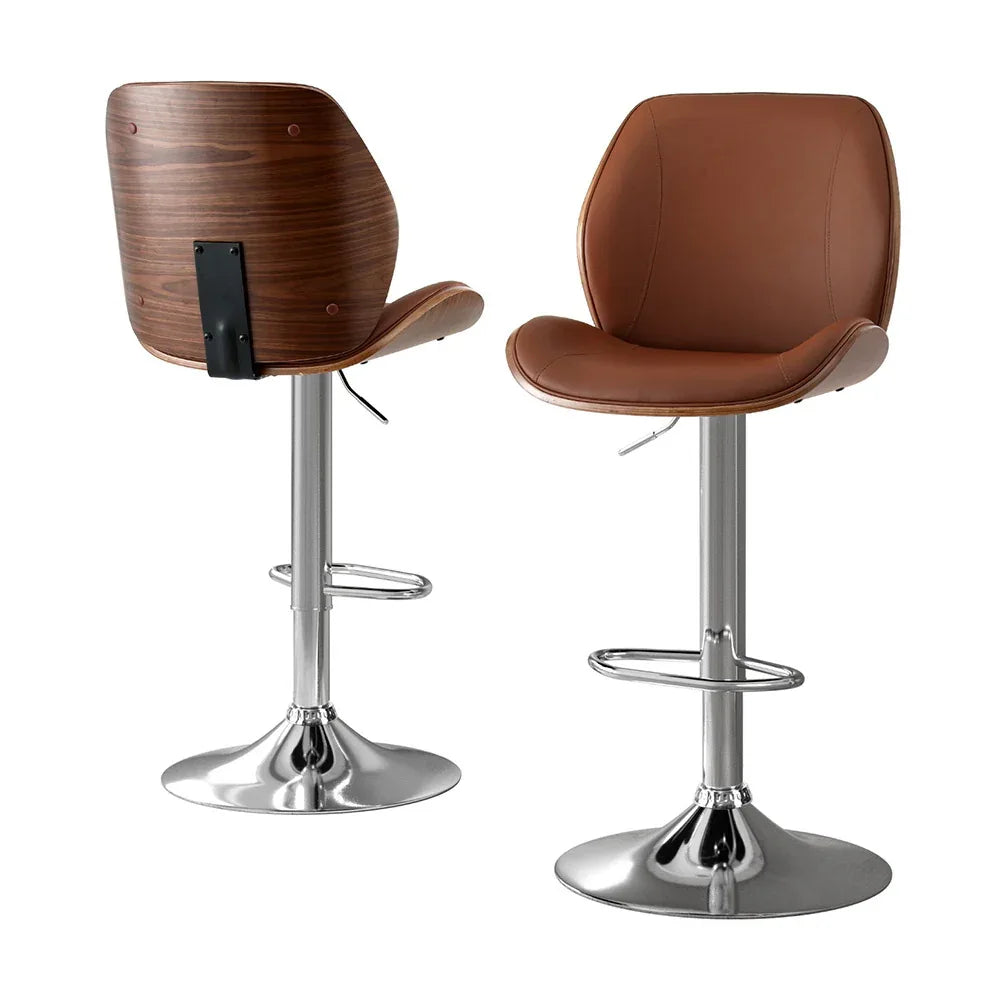 Artiss 2X Bar Stools Bentwood Adjustable Kitchen Counter Chair Leather Brown - Mekamart Australia