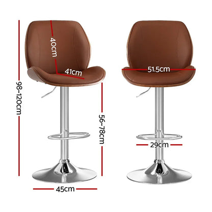 Artiss 2X Bar Stools Bentwood Adjustable Kitchen Counter Chair Leather Brown - Mekamart Australia