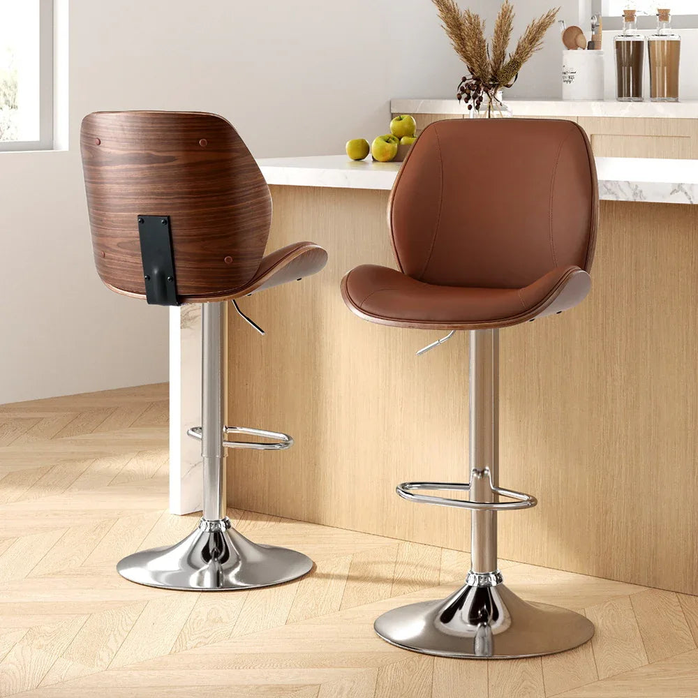 Artiss 2X Bar Stools Bentwood Adjustable Kitchen Counter Chair Leather Brown - Mekamart Australia