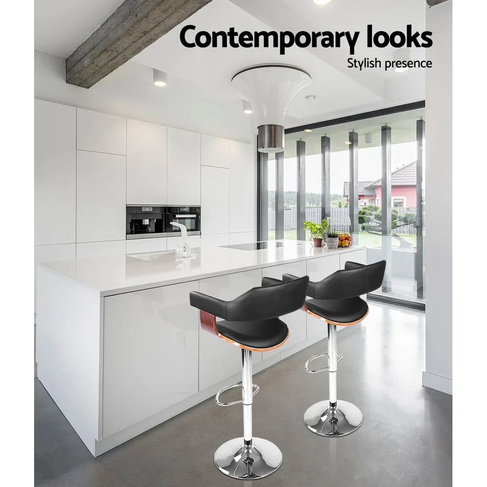 Artiss 2x Bar Stools Gas Lift Leather w/Armrest Black - Mekamart Australia