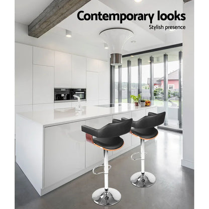 Artiss 2x Bar Stools Gas Lift Leather w/Armrest Black - Mekamart Australia