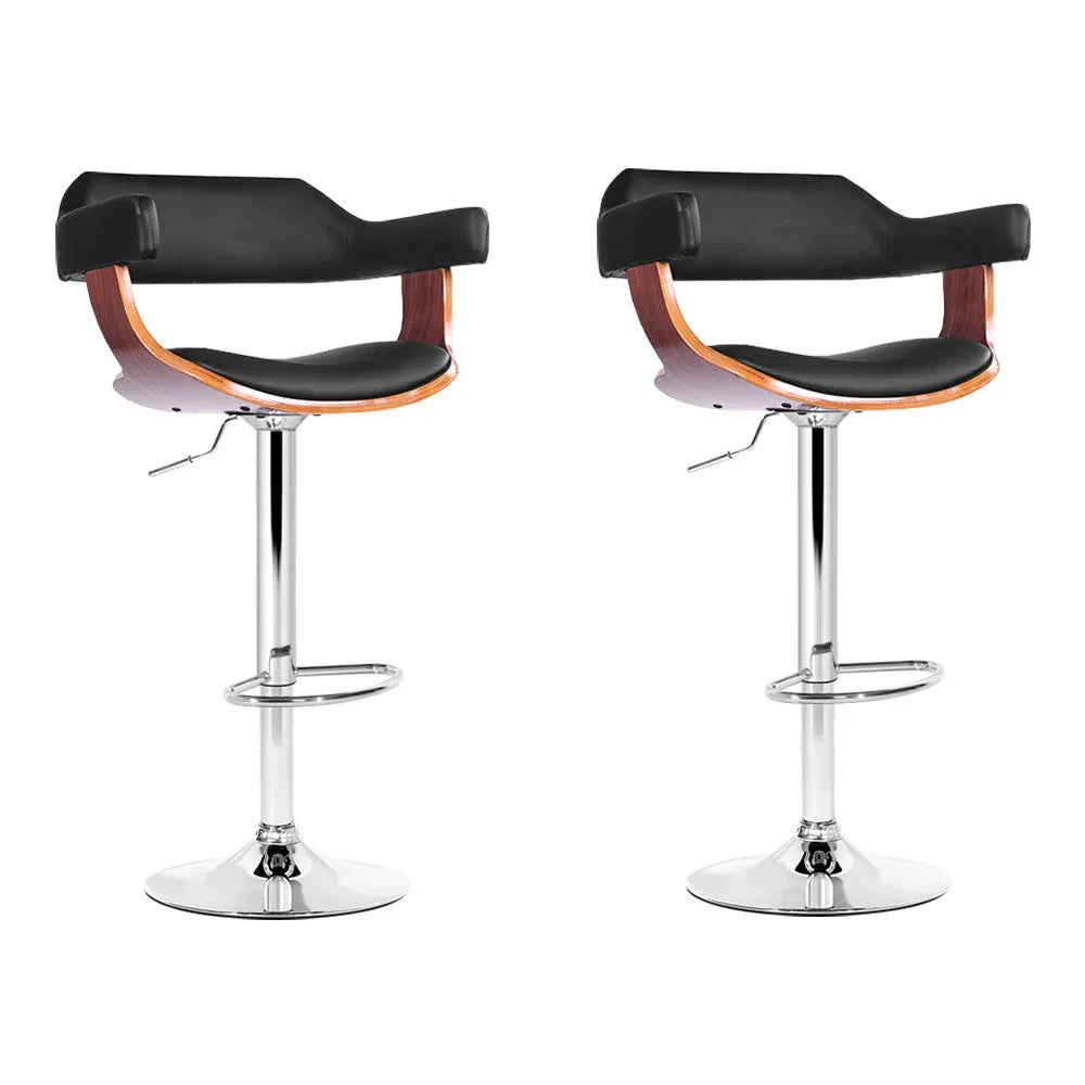 Artiss 2x Bar Stools Gas Lift Leather w/Armrest Black - Mekamart Australia