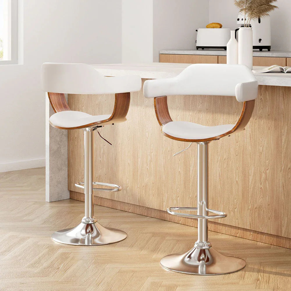Artiss 2x Bar Stools Gas Lift Leather w/Armrest White - Mekamart Australia