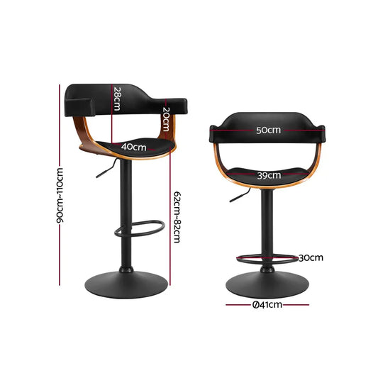 Artiss 2x Bar Stools Gas Lift Leather w/Armrest All Black - Mekamart Australia