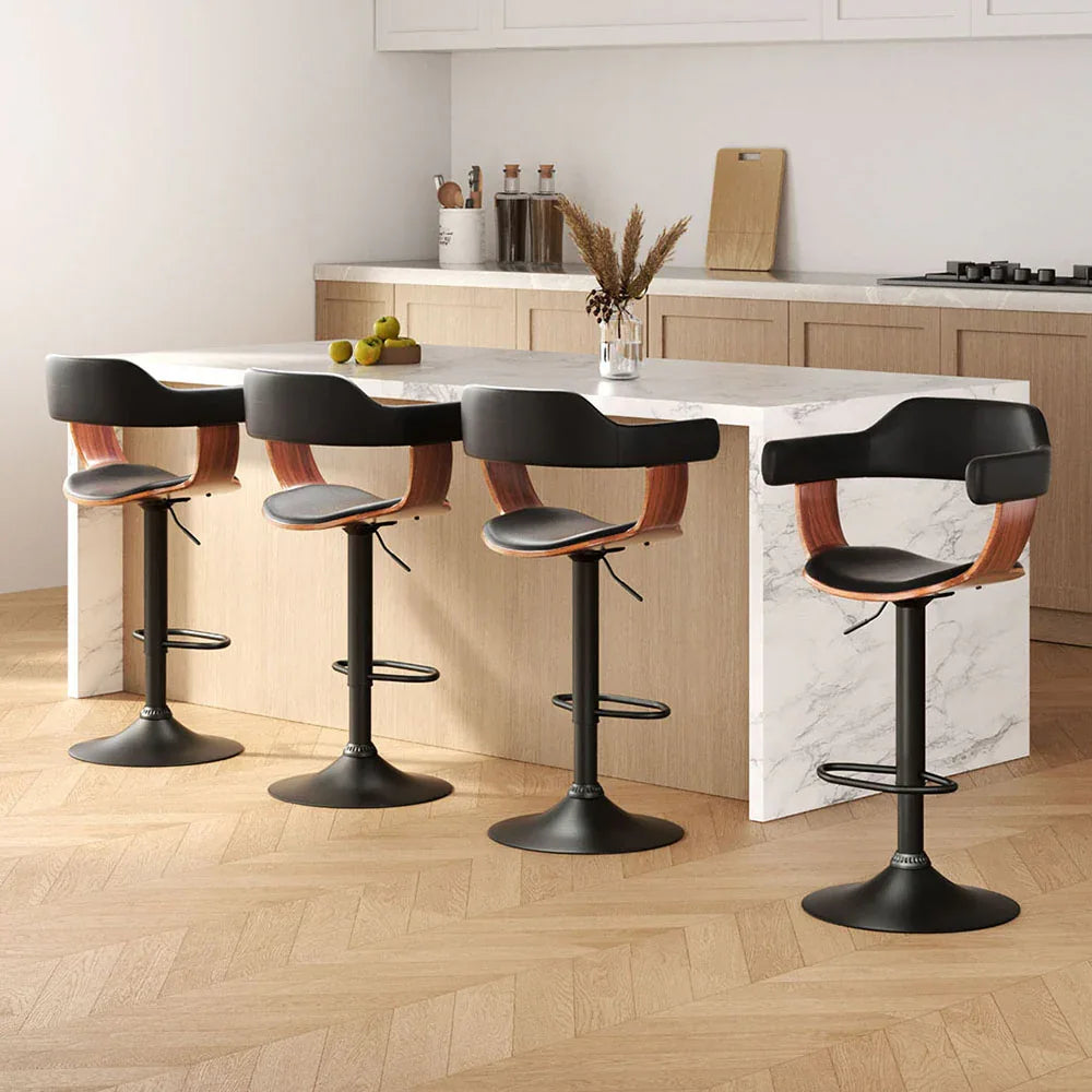 Artiss 4x Bar Stools Gas Lift Leather w/Armrest All Black - Mekamart Australia
