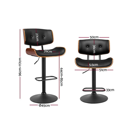Artiss 2x Bar Stools Gas Lift Leather All Black - Mekamart Australia