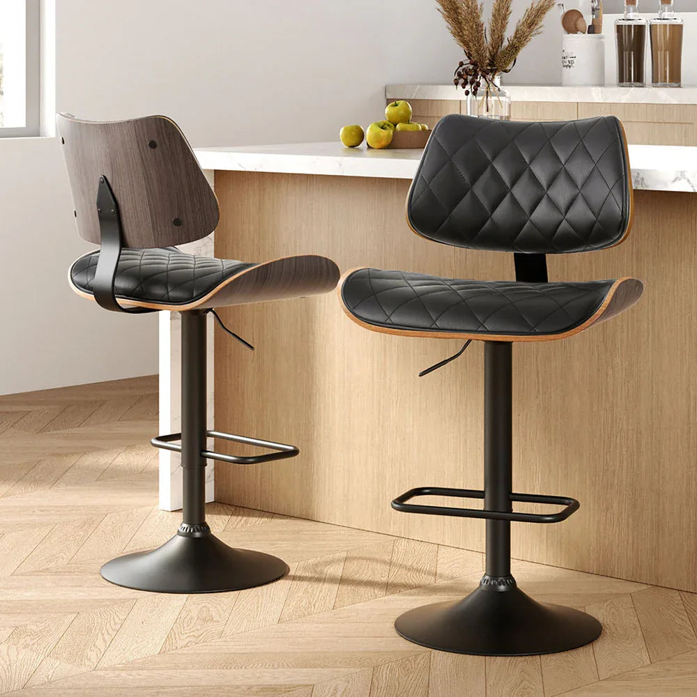 Artiss 2x Bar Stools Kitchen Dining Chairs Gas Lift Stool Wooden Leather Black - Mekamart Australia