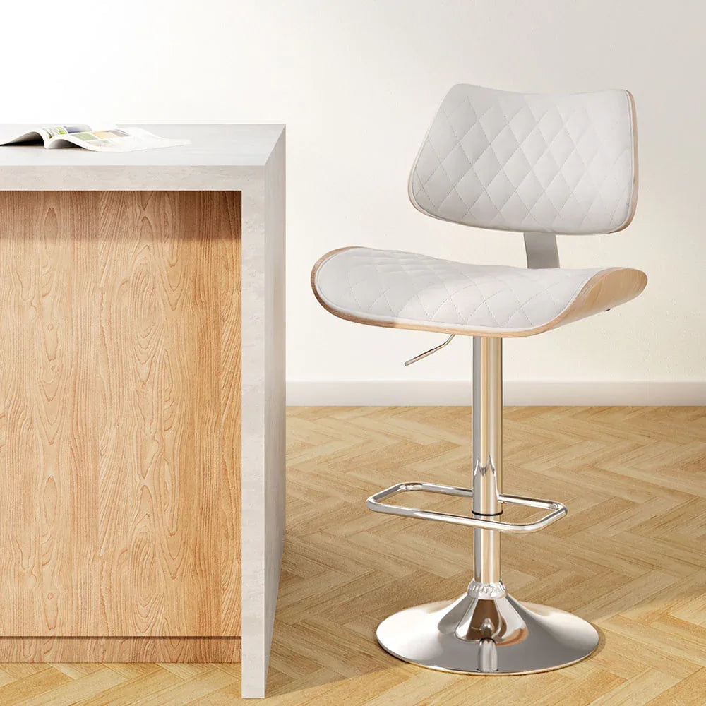 Artiss Bar Stools Kitchen Dining Chairs Gas Lift Stool Wooden Leather White - Mekamart Australia