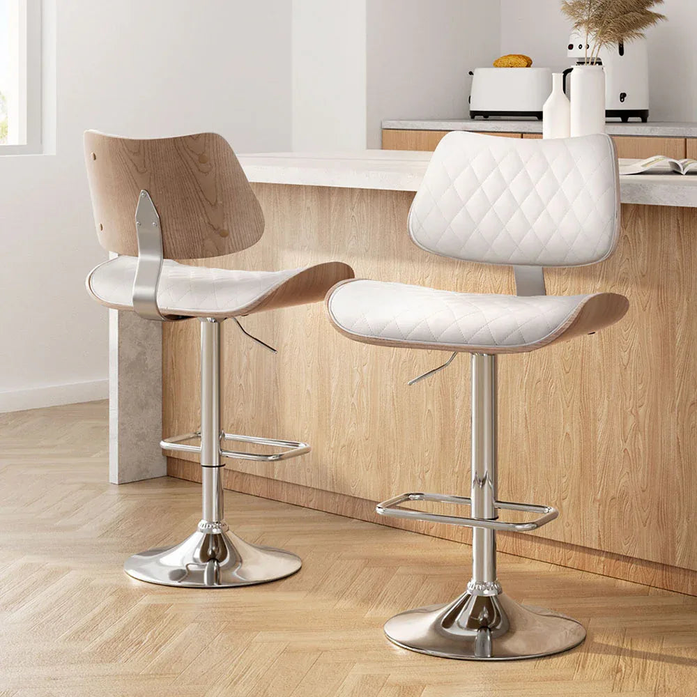 Artiss 2x Bar Stools Kitchen Dining Chairs Gas Lift Stool Wooden Leather White - Mekamart Australia