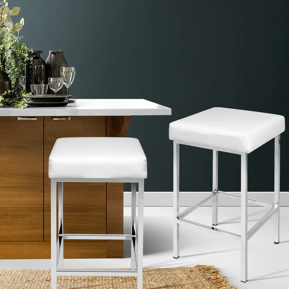 Artiss 2x Bar Stools Leather Padded Metal White - Mekamart Australia