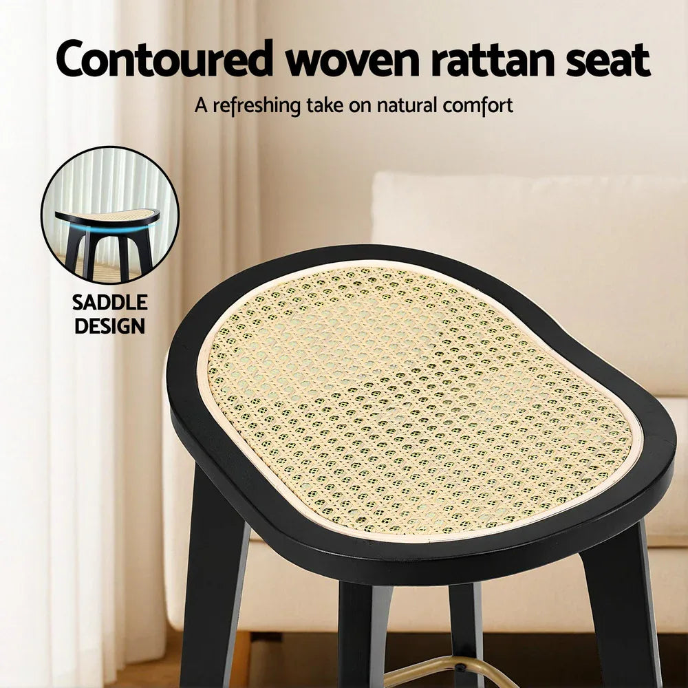 Artiss 2x Bar Stools Rattan Counter Kitchen Dinning Chair Bamboo Saddle Black - Mekamart Australia
