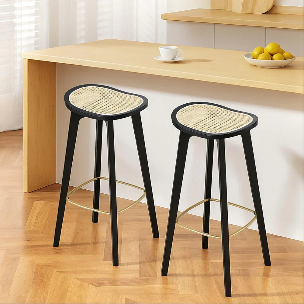 Artiss 2x Bar Stools Rattan Counter Kitchen Dinning Chair Bamboo Saddle Black - Mekamart Australia