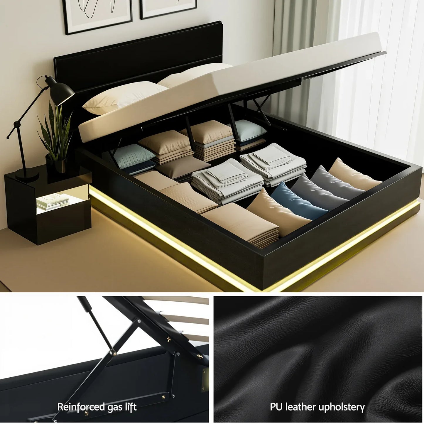 Artiss RGB LED Double Bed Frame with Beside Table Set 16 Colour Mood Lighting