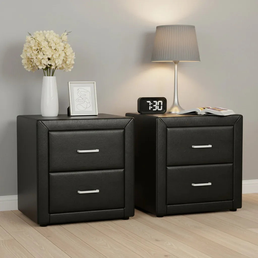 Artiss 2X Bedside Table 2 Drawers Side Table Leather - CADEN Black - Mekamart Australia