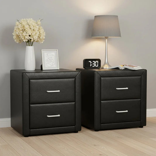 Artiss 2X Bedside Table 2 Drawers Side Table Leather - CADEN Black - Mekamart Australia