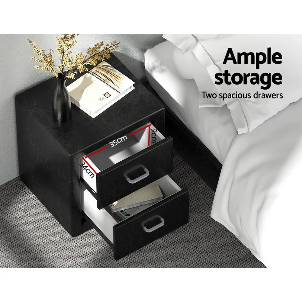 Artiss 2X Bedside Table 2 Drawers Side Table Leather - CADEN Black - Mekamart Australia