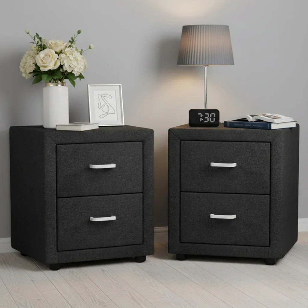 Artiss 2X Bedside Table 2 Drawers Fabric - CADEN Charcoal - Mekamart Australia