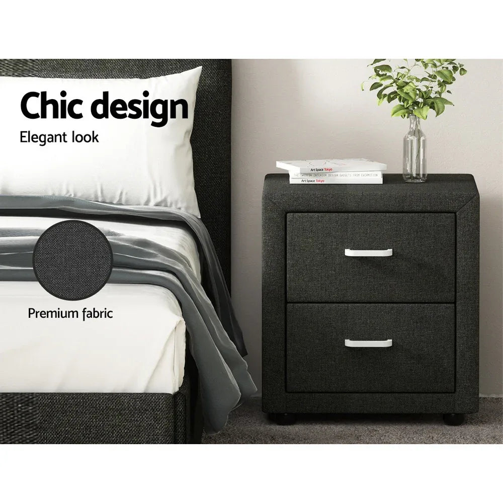 Artiss 2X Bedside Table 2 Drawers Fabric - CADEN Charcoal - Mekamart Australia