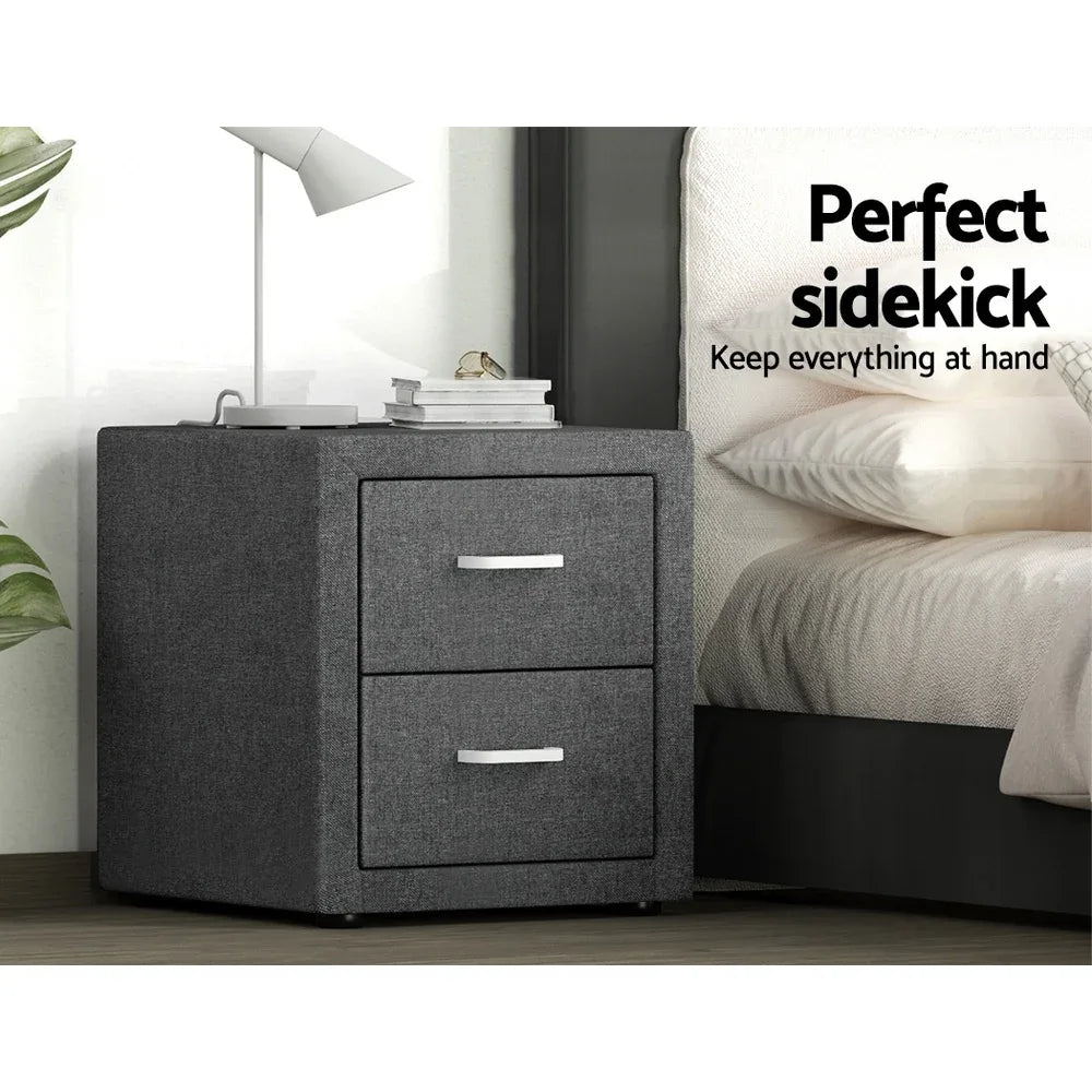 Artiss 2X Bedside Table 2 Drawers Side Table Fabric - CADEN Grey - Mekamart Australia