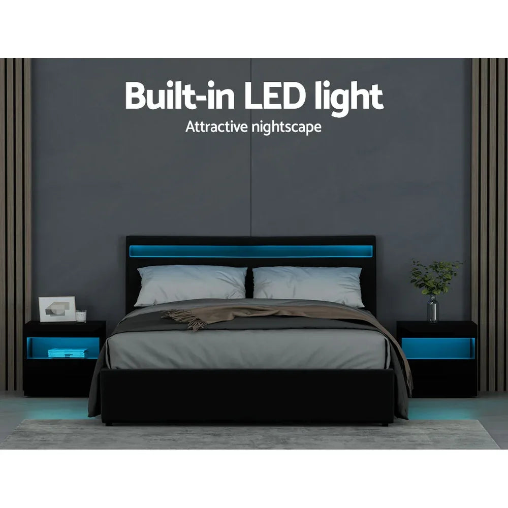Artiss Bed Frame Queen Size LED Gas Lift Black COLE - Mekamart Australia