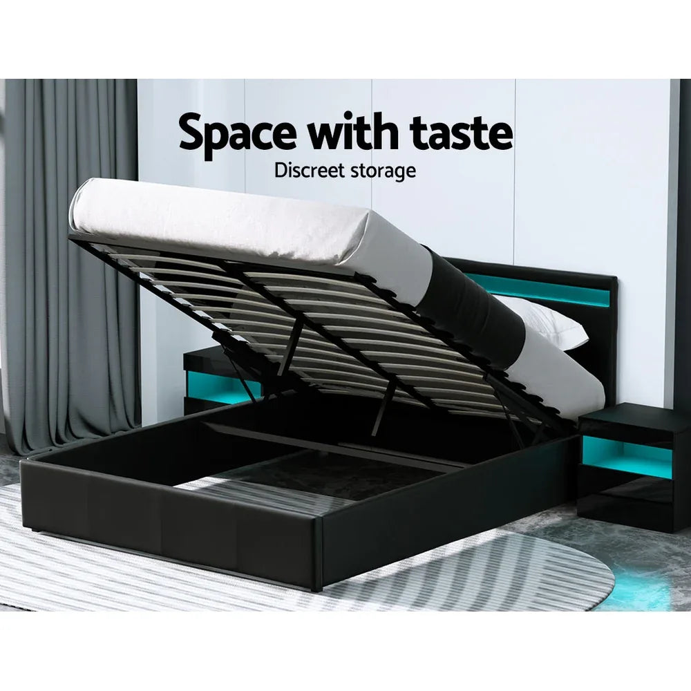 Artiss Bed Frame Queen Size LED Gas Lift Black COLE - Mekamart Australia