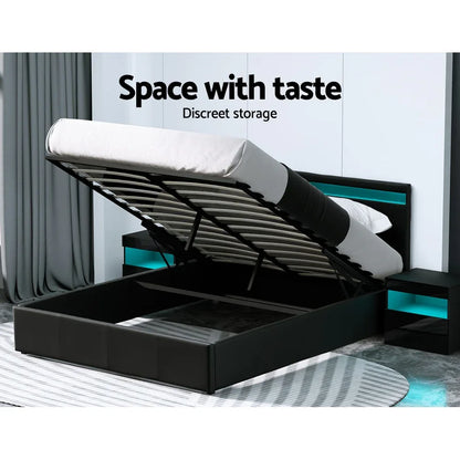 Artiss Bed Frame Queen Size LED Gas Lift Black COLE - Mekamart Australia