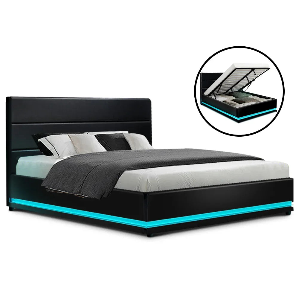 Artiss Bed Frame Double Size LED Gas Lift Black LUMI - Mekamart Australia