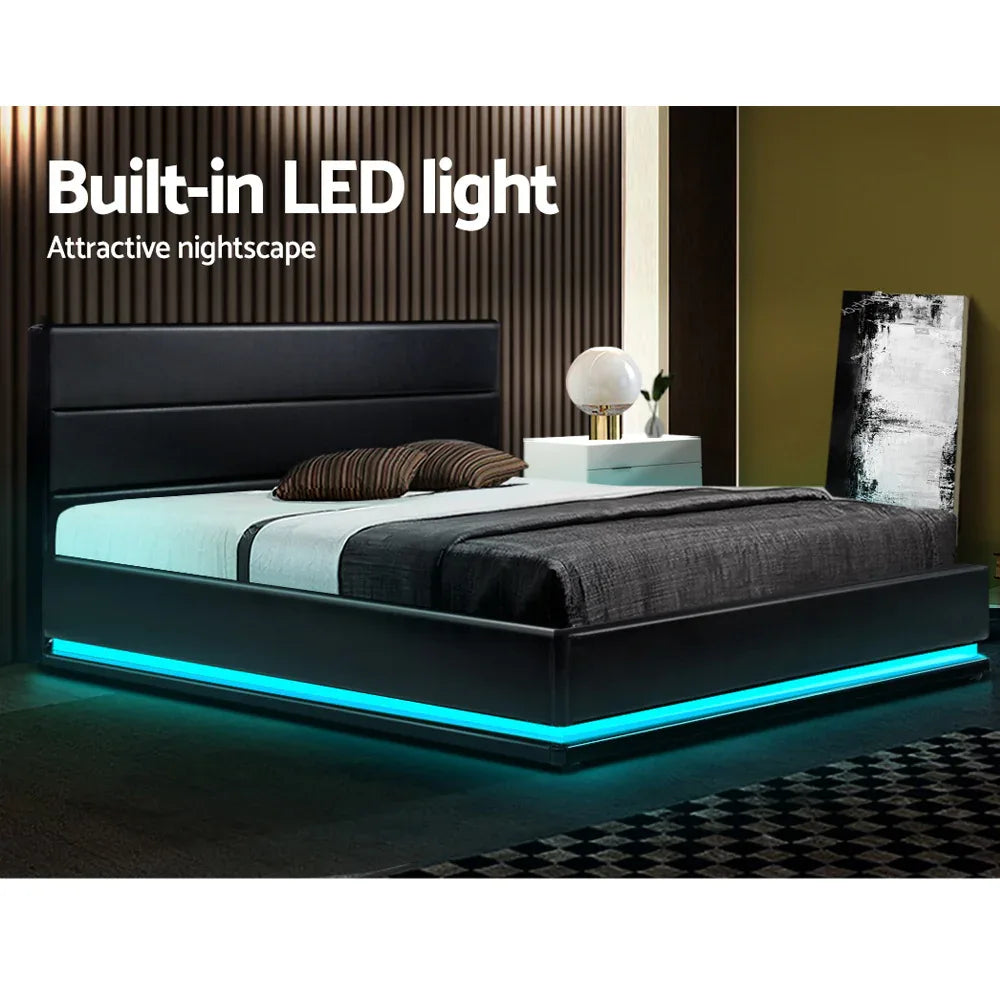Artiss Bed Frame Double Size LED Gas Lift Black LUMI - Mekamart Australia