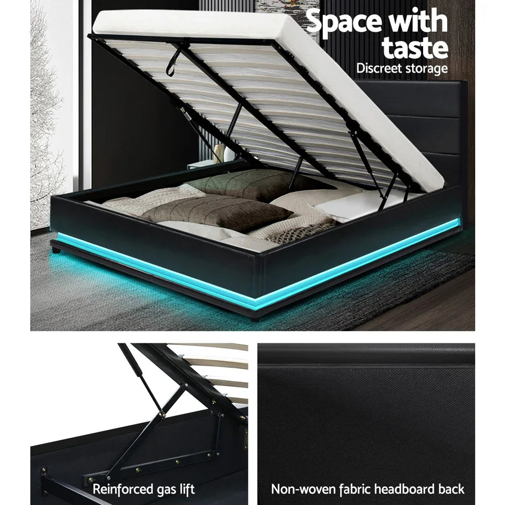 Artiss Bed Frame Double Size LED Gas Lift Black LUMI - Mekamart Australia