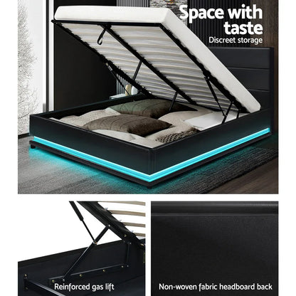 Artiss Bed Frame Double Size LED Gas Lift Black LUMI - Mekamart Australia