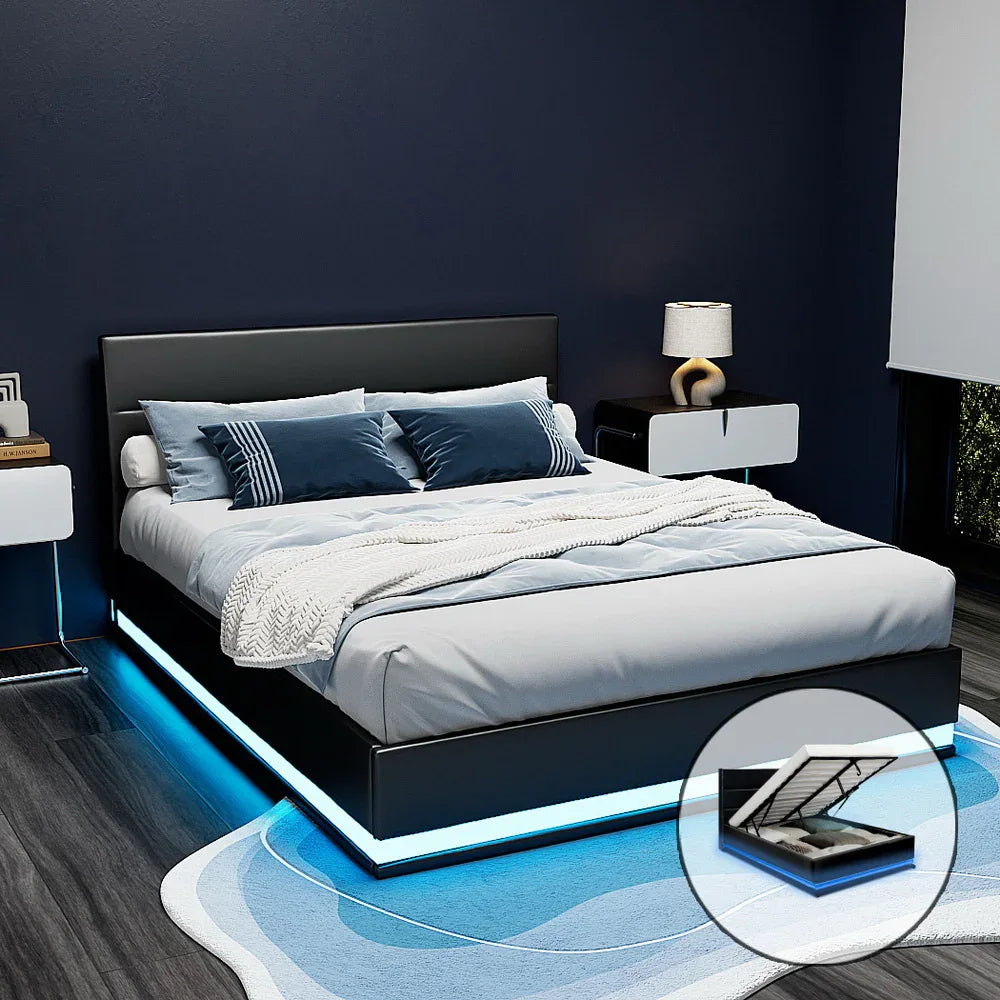 Artiss Bed Frame Double Size LED Gas Lift Black LUMI - Mekamart Australia