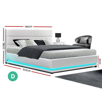 Artiss Bed Frame Double Size LED Gas Lift White LUMI - Mekamart Australia