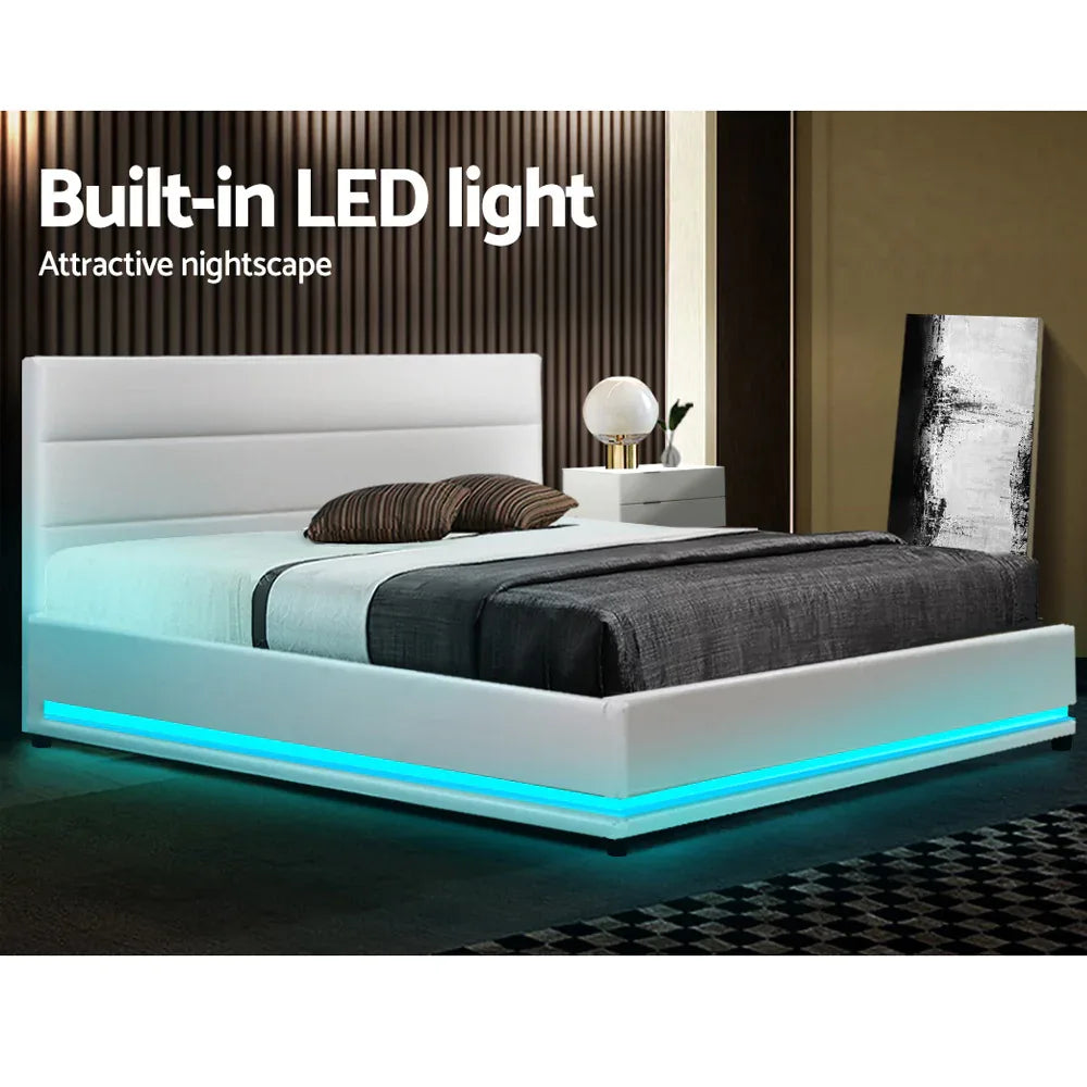 Artiss Bed Frame Double Size LED Gas Lift White LUMI - Mekamart Australia