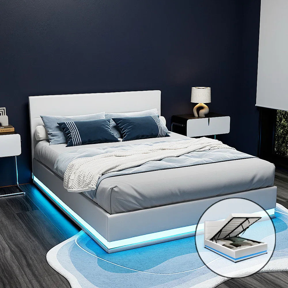 Artiss Bed Frame Double Size LED Gas Lift White LUMI - Mekamart Australia