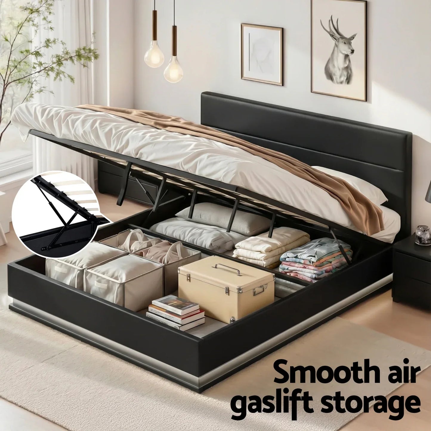 Artiss Bed Frame King Size LED Gas Lift Black LUMI